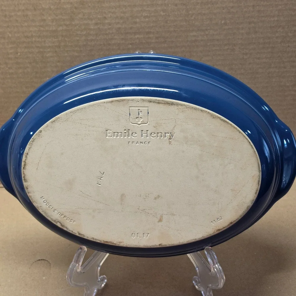 Emile Henry Oval Baker Unisex 11in Blue Excellent Ceramic Stoneware France